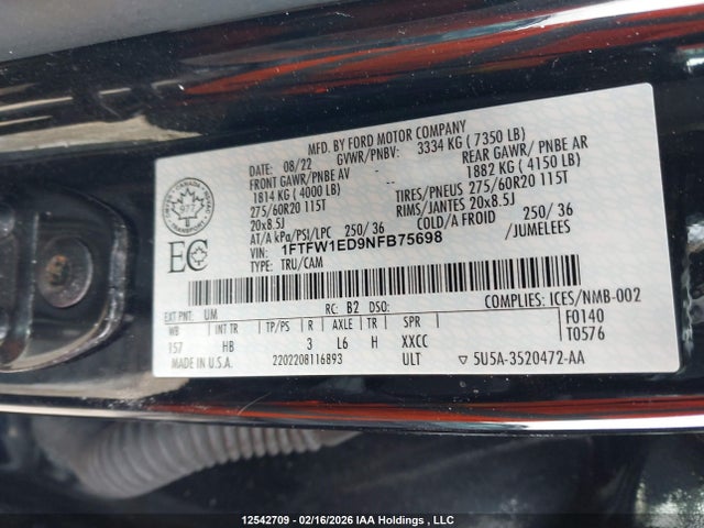 Продажа на аукционе авто 2022 Ford F-150, vin: 1FTFW1ED9NFB75698, номер лота: 12542709