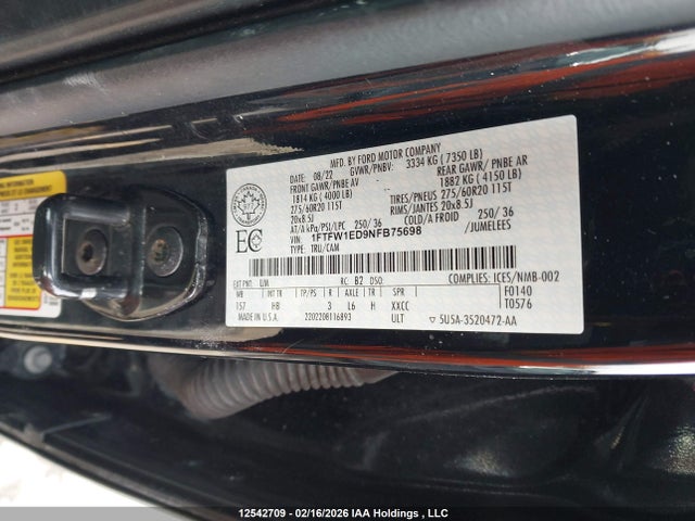 Продажа на аукционе авто 2022 Ford F-150, vin: 1FTFW1ED9NFB75698, номер лота: 12542709