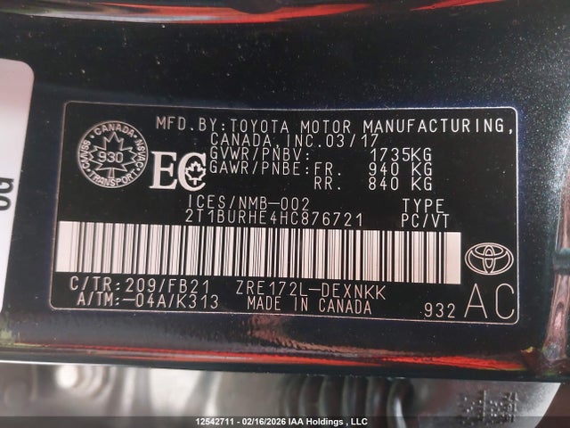 2T1BURHE4HC876721 Toyota COROLLA LE