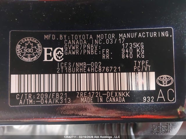 2T1BURHE4HC876721 Toyota COROLLA LE
