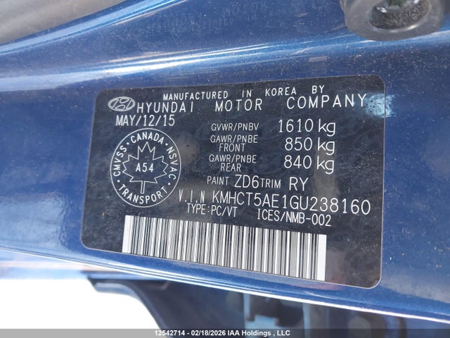 KMHCT5AE1GU238160 Hyundai ACCENT GL