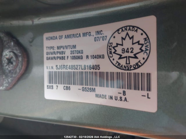 12542730 :رقم المزاد ، 5J6RE48527L816405 vin ، 2007 Honda Cr-v مزاد بيع