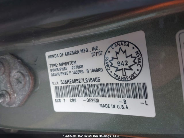 12542730 :رقم المزاد ، 5J6RE48527L816405 vin ، 2007 Honda Cr-v مزاد بيع