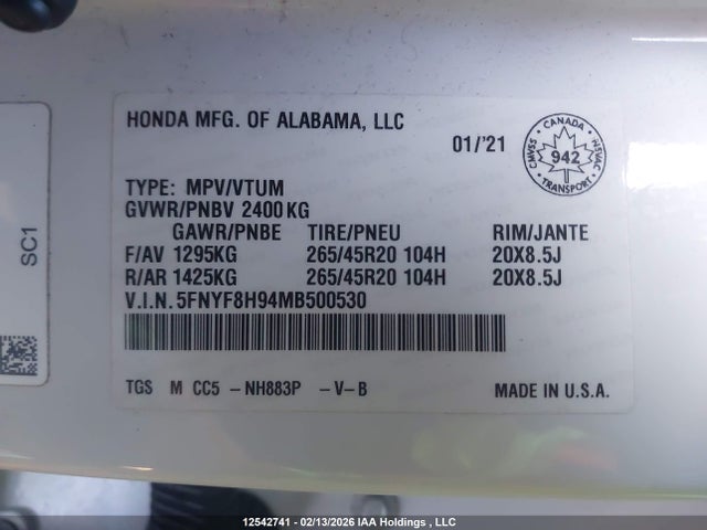 5FNYF8H94MB500530 Honda Passport Touring