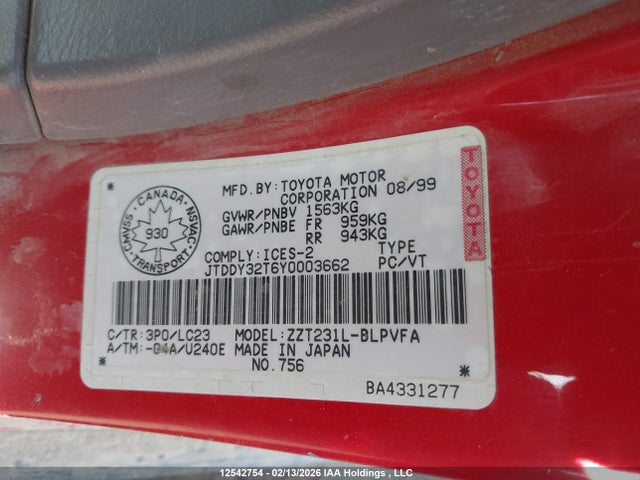 12542754 :رقم المزاد ، JTDDY32T6Y0003662 vin ، 2000 Toyota Celica Gt-s مزاد بيع