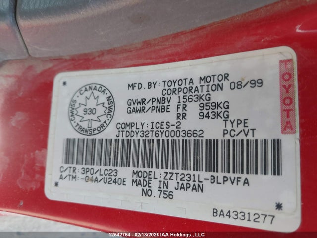 12542754 :رقم المزاد ، JTDDY32T6Y0003662 vin ، 2000 Toyota Celica Gt-s مزاد بيع