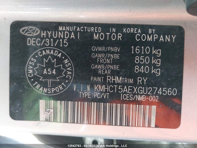 12542763 :رقم المزاد ، KMHCT5AEXGU274560 vin ، 2016 Hyundai Accent مزاد بيع