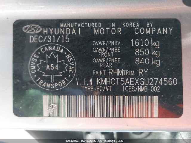 12542763 :رقم المزاد ، KMHCT5AEXGU274560 vin ، 2016 Hyundai Accent مزاد بيع