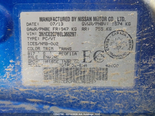 3N1CE2CP8EL365297 Nissan Versa Note S/s Plus/sv/sl