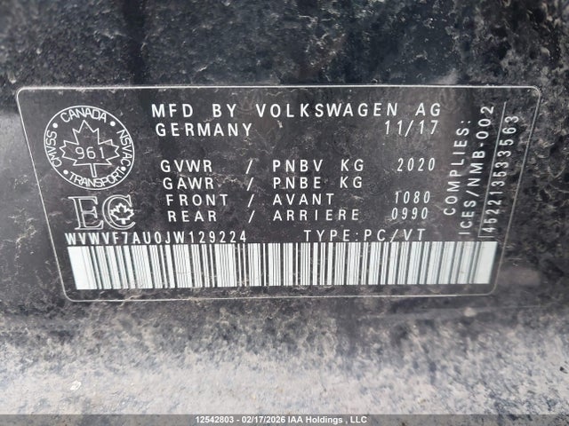 WVWVF7AU0JW129224 Volkswagen Golf R
