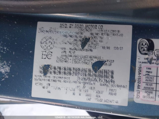 12542818 :رقم المزاد ، 3FAHP0JA0CR126696 vin ، 2012 Ford Fusion Sel مزاد بيع