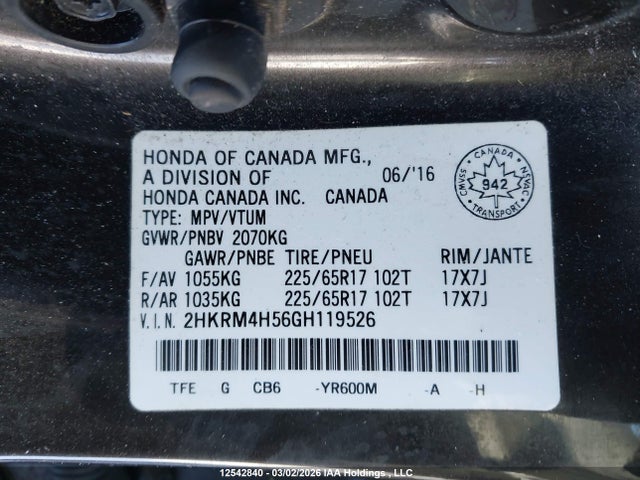Aukcja sprzedaży 2016 Honda Cr-v Ex, vin: 2HKRM4H56GH119526, numer aukcji: 12542840