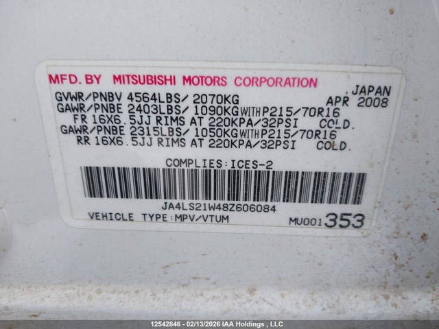 2008 Mitsubishi Outlander Es მანქანა იყიდება აუქციონზე, vin: JA4LS21W48Z606084, აუქციონის ნომერი: 12542846