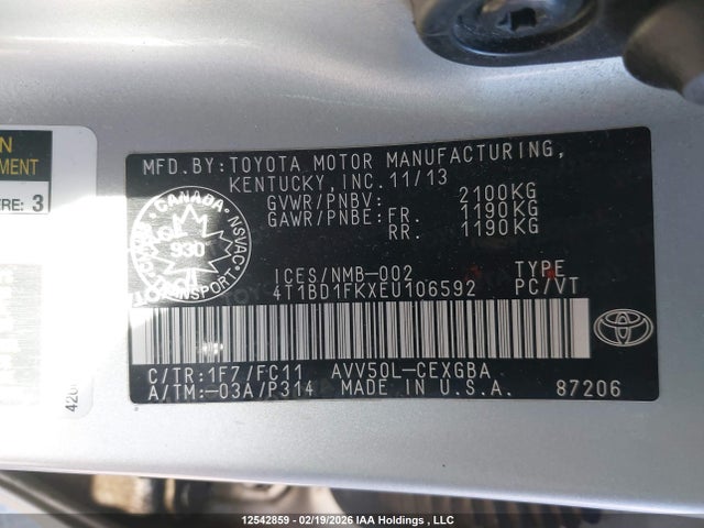 12542859 :رقم المزاد ، 4T1BD1FKXEU106592 vin ، 2014 Toyota Camry مزاد بيع
