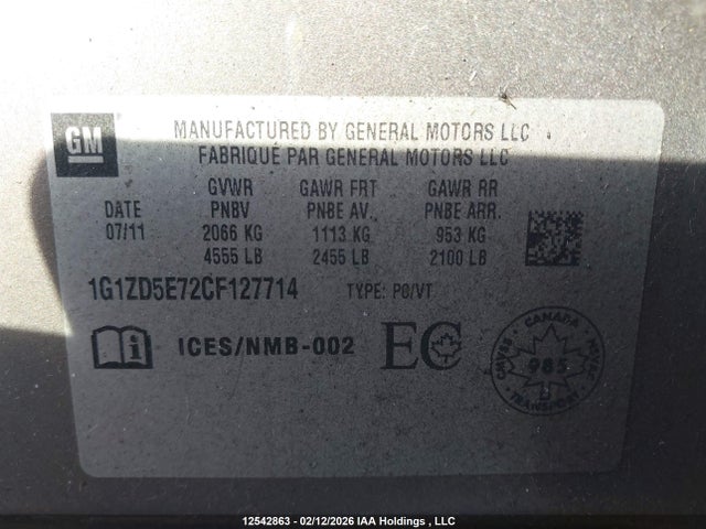 2012 Chevrolet Malibu მანქანა იყიდება აუქციონზე, vin: 1G1ZD5E72CF127714, აუქციონის ნომერი: 12542863