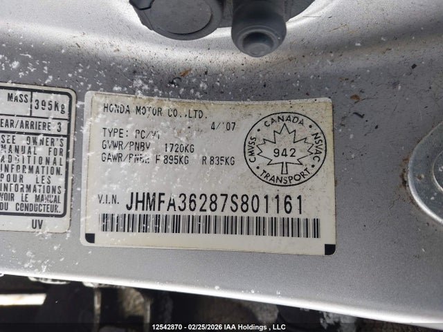 Продаж на аукціоні авто 2007 Honda Civic Hybrid, vin: JHMFA36287S801161, номер лоту: 12542870