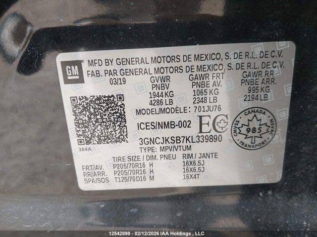 3GNCJKSB7KL339890 Chevrolet TRAX LS