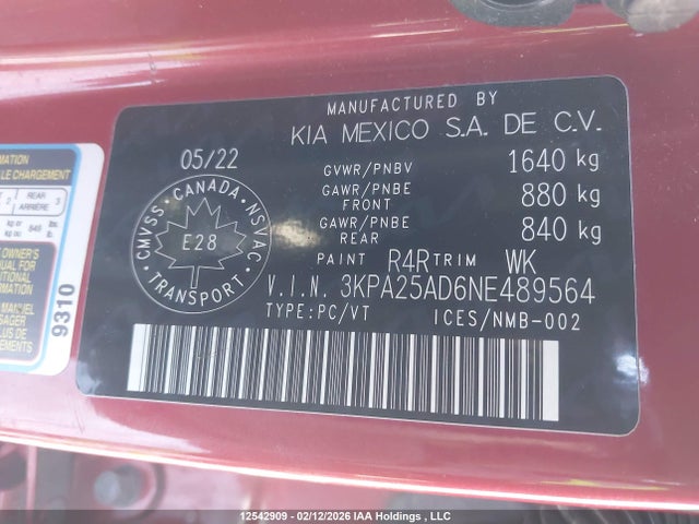 3KPA25AD6NE489564 KIA Rio Lx Premium/lx+