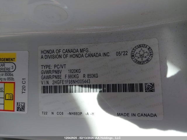 Honda Civic Touring 2022 2HGFE1F98NH005443 Image 19