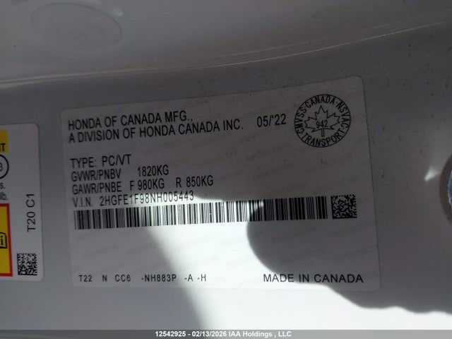 Honda Civic Touring 2022 2HGFE1F98NH005443 Image 9