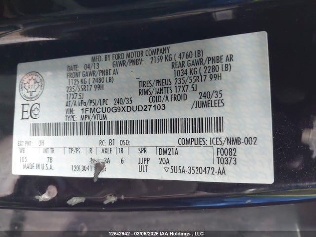 Продаж на аукціоні авто 2013 Ford Escape Se, vin: 1FMCU0G9XDUD27103, номер лоту: 12542942