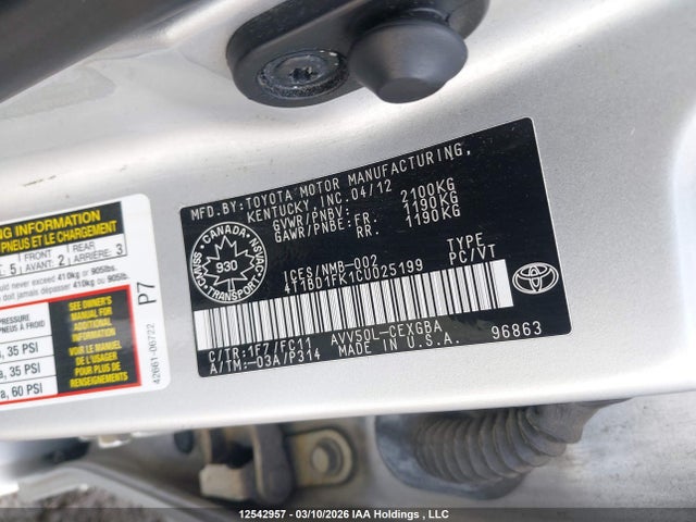 12542957 :رقم المزاد ، 4T1BD1FK1CU025199 vin ، 2012 Toyota Camry Hybrid Xle مزاد بيع