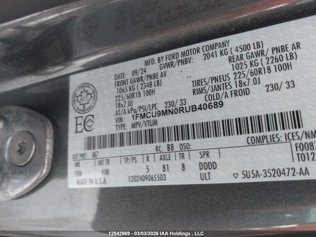 12542969 :رقم المزاد ، 1FMCU9MN0RUB40689 vin ، 2024 Ford Escape St-line مزاد بيع
