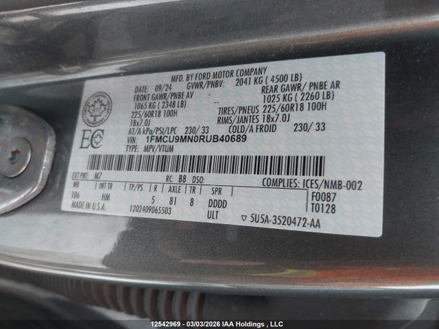 12542969 :رقم المزاد ، 1FMCU9MN0RUB40689 vin ، 2024 Ford Escape St-line مزاد بيع