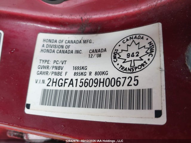 Aukcja sprzedaży 2009 Honda Civic Sport, vin: 2HGFA15609H006725, numer aukcji: 12542974
