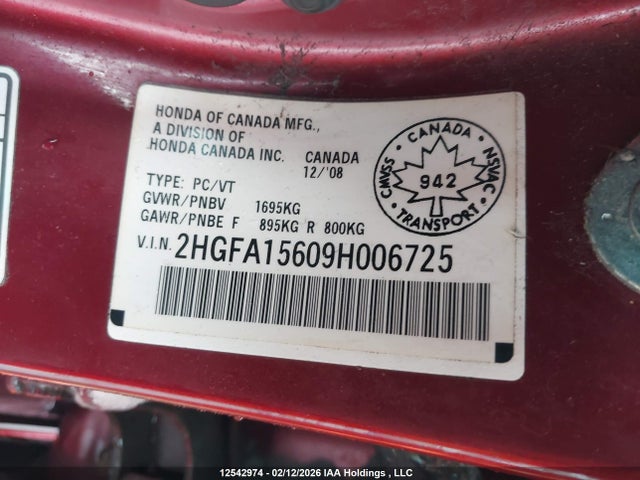 Aukcja sprzedaży 2009 Honda Civic Sport, vin: 2HGFA15609H006725, numer aukcji: 12542974