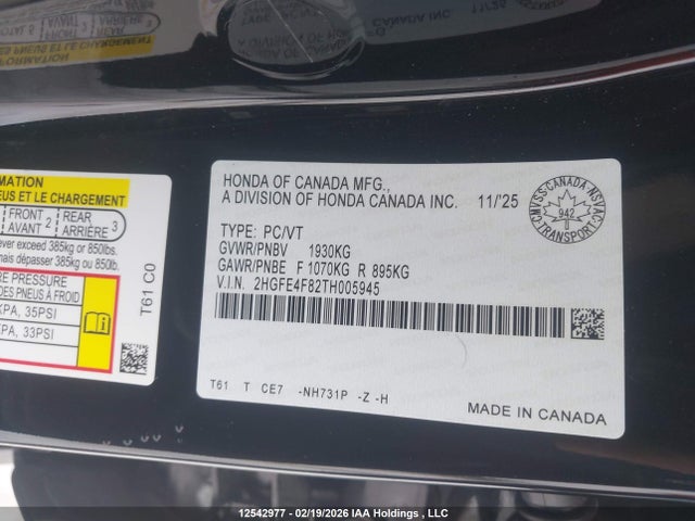 2026 Honda Civic მანქანა იყიდება აუქციონზე, vin: 2HGFE4F82TH005945, აუქციონის ნომერი: 12542977
