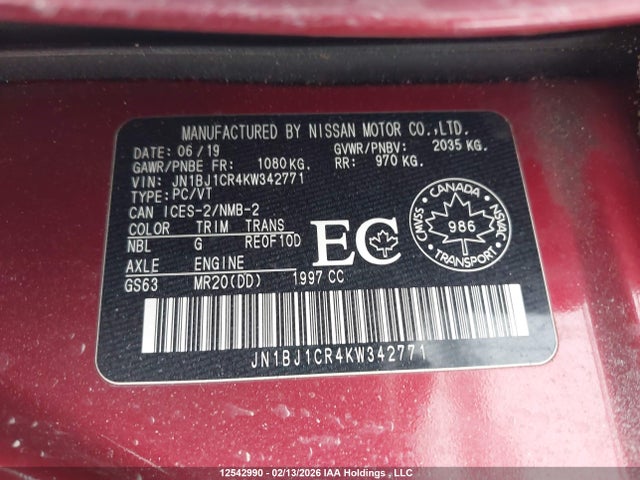 JN1BJ1CR4KW342771 Nissan Qashqai S/sl/sv