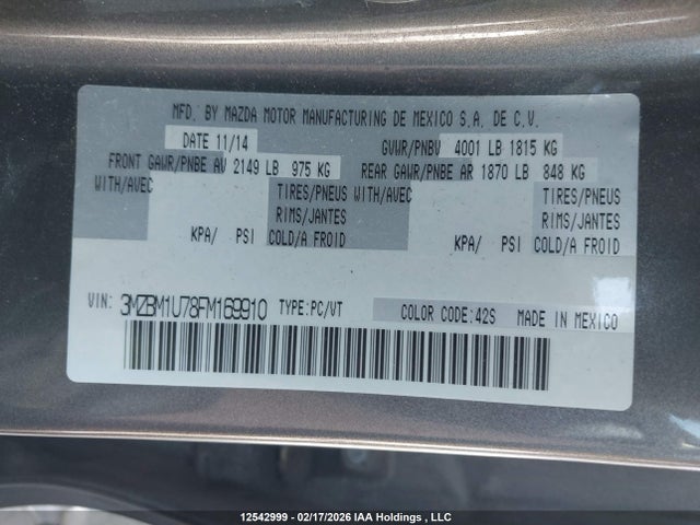 3MZBM1U78FM169910 Mazda 3 SPORT