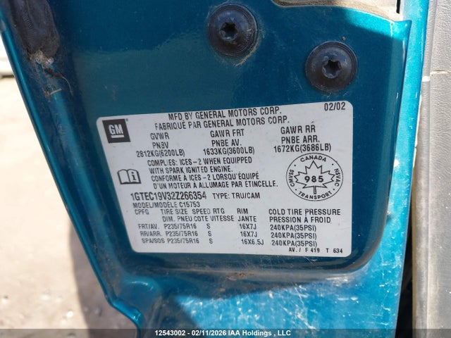 12543002 :رقم المزاد ، 1GTEC19V32Z266354 vin ، 2002 Gmc New Sierra C1500 مزاد بيع