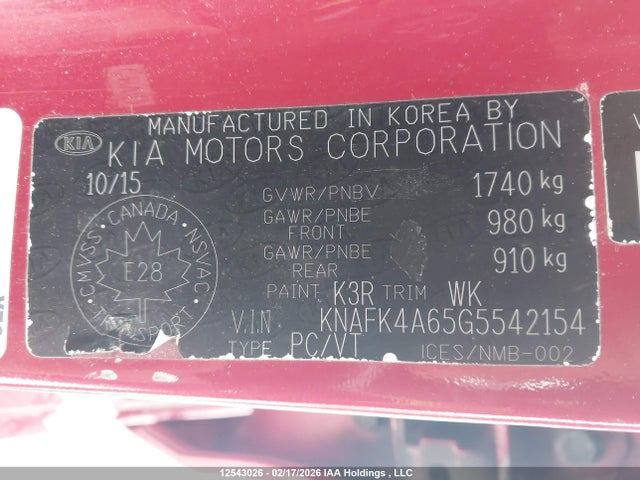 KNAFK4A65G5542154 KIA FORTE LX