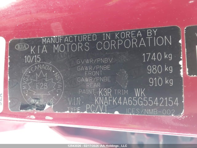 KNAFK4A65G5542154 KIA FORTE LX