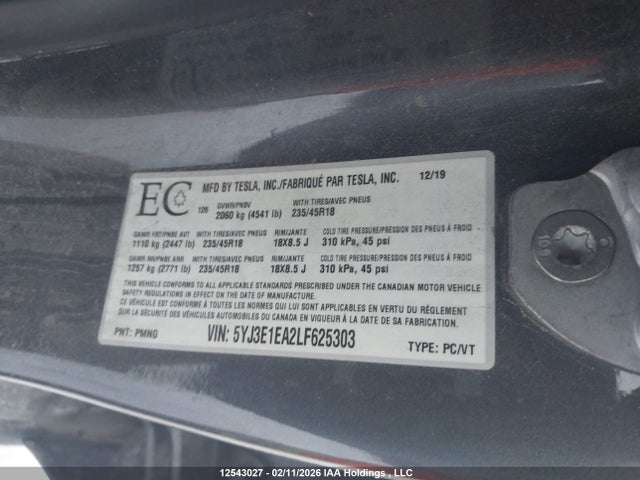 2020 Tesla Model 3 მანქანა იყიდება აუქციონზე, vin: 5YJ3E1EA2LF625303, აუქციონის ნომერი: 12543027