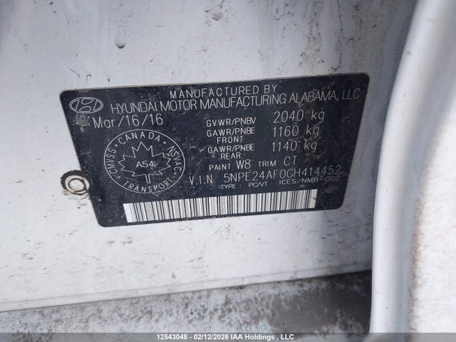 5NPE24AF0GH414452 Hyundai Sonata