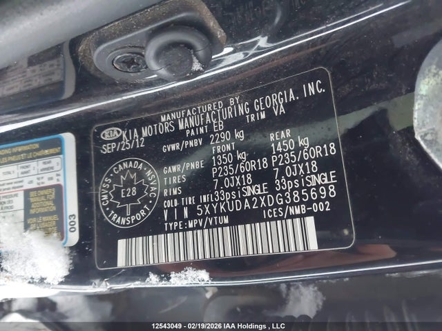 12543049 :رقم المزاد ، 5XYKUDA2XDG385698 vin ، 2013 Kia Sorento مزاد بيع