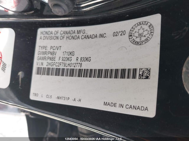 Продаж на аукціоні авто 2020 Honda Civic Ex 4dr, vin: 2HGFC2F79LH012778, номер лоту: 12543054