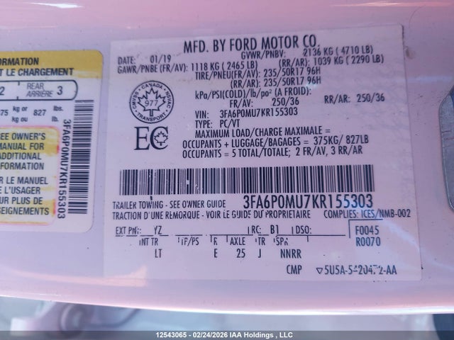 3FA6P0MU7KR155303 Ford Fusion Hybrid Sel