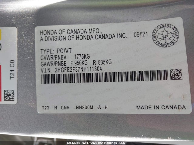 Продажа на аукционе авто 2022 Honda Civic Ex 4dr, vin: 2HGFE2F37NH111304, номер лота: 12543084