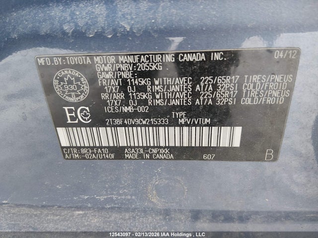 2012 Toyota Rav4 მანქანა იყიდება აუქციონზე, vin: 2T3BF4DV9CW215333, აუქციონის ნომერი: 12543097