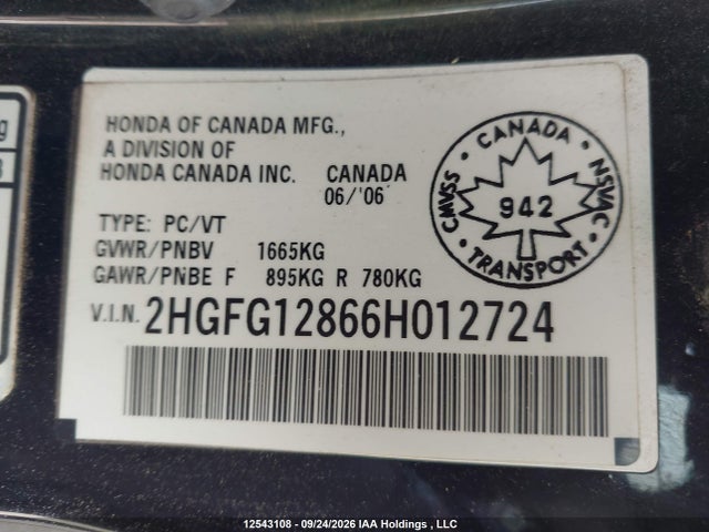 Aukcja sprzedaży 2006 Honda Civic Ex, vin: 2HGFG12866H012724, numer aukcji: 12543108