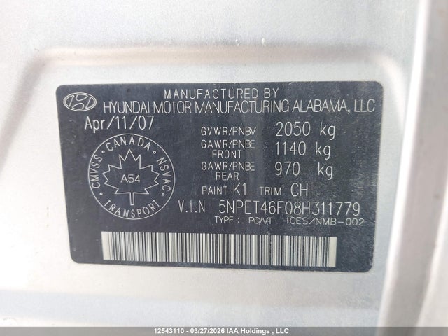 Продаж на аукціоні авто 2008 Hyundai Sonata Gl V6/gls V6, vin: 5NPET46F08H311779, номер лоту: 12543110