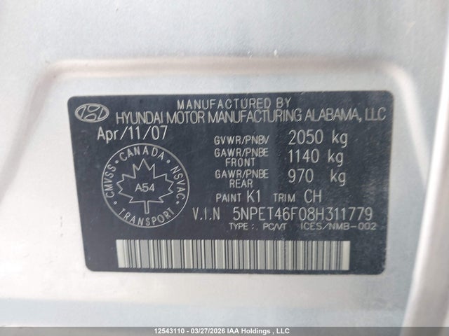 Продаж на аукціоні авто 2008 Hyundai Sonata Gl V6/gls V6, vin: 5NPET46F08H311779, номер лоту: 12543110