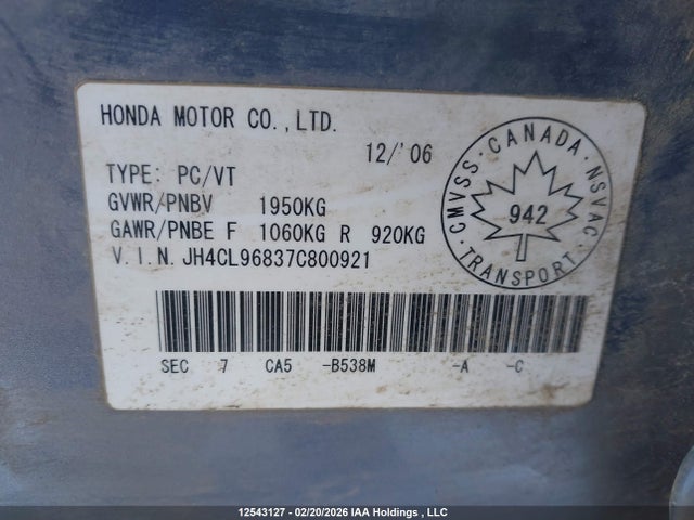 12543127 :رقم المزاد ، JH4CL96837C800921 vin ، 2007 Acura Tsx مزاد بيع