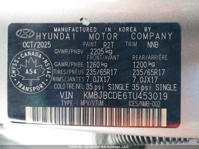Aukcja sprzedaży 2026 Hyundai Tucson Sel, vin: KM8JBCDE6TU453019, numer aukcji: 12543152