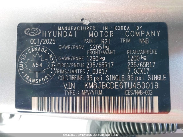 Aukcja sprzedaży 2026 Hyundai Tucson Sel, vin: KM8JBCDE6TU453019, numer aukcji: 12543152