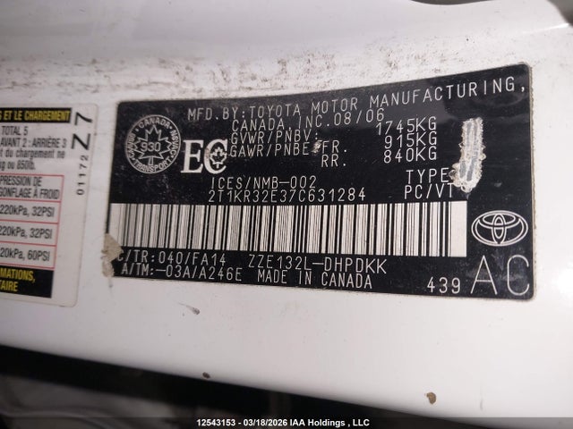 Aukcja sprzedaży 2007 Toyota Matrix Xr, vin: 2T1KR32E37C631284, numer aukcji: 12543153
